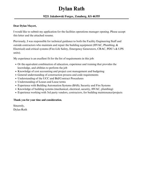 Facilities Operations Manager Cover Letter Velvet Jobs