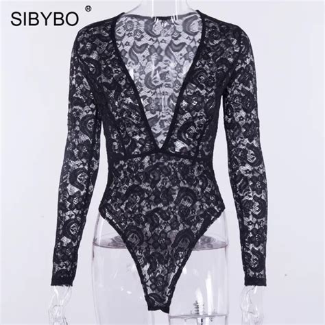 Koop Sibybo Lace Haak Transparante Sexy Vrouwen Bodysuit V Hals Lange Mouwen