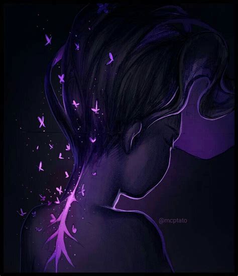 A Drawing Of A Woman With Purple Butterflies On Her Back