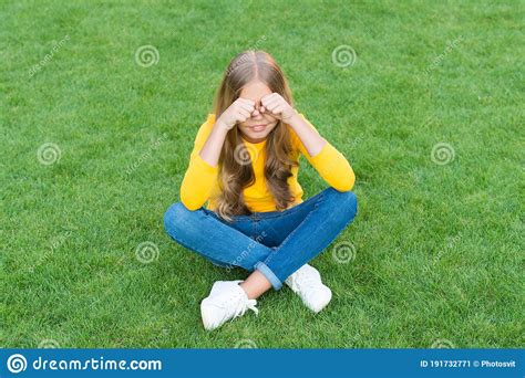 Sad Crying Little Girl Sit Alone Green Grass Lonely Child Concept