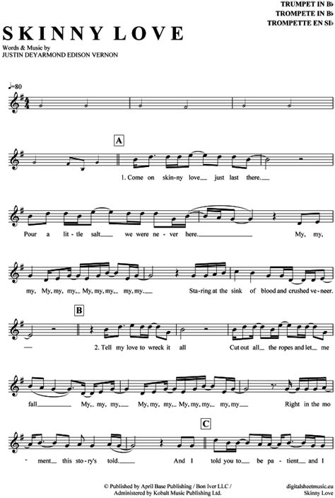 Bei free sheet music handelt es sich um eine internationale bewegung von musikern (chorleitern, dirigenten und musikwissenschaftlern), die gemeinfreie. Skinny Love (Trompete in B) Birdy PDF Noten >>> KLICK ...