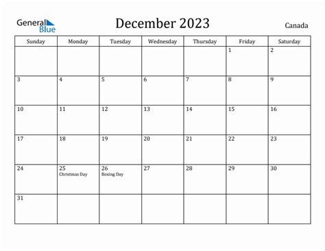 December 2023 Monthly Calendar With Canada Holidays