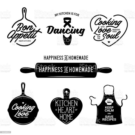 Kitchen Related Typography Set Quotes About Cooking Vintage Vector Illustration Stock