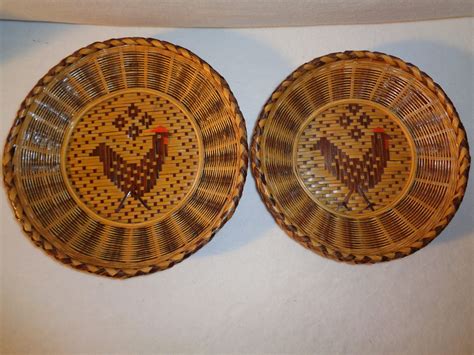 Vintage Rooster Wicker Plate - Vintage Rooster Plate - Rooster Decorative Tray- Folk Art Rooster ...