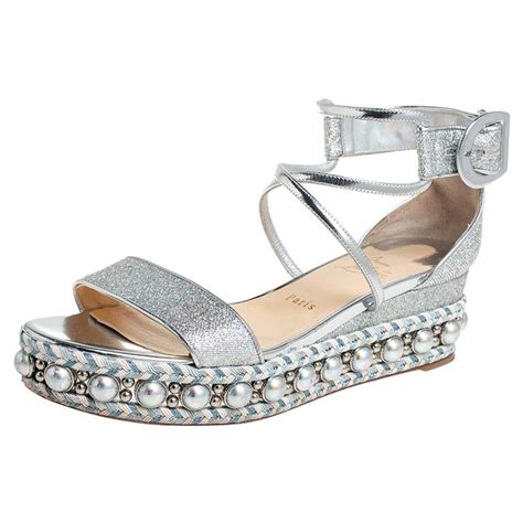 Christian Louboutin Silver Lurex Wedge Platform Espadrille Sandals Size