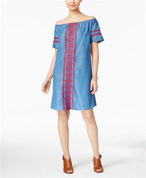 Style And Co Off The Shoulder Denim Embroidered Dress Only At Macys Long Sleeve Denim Dress