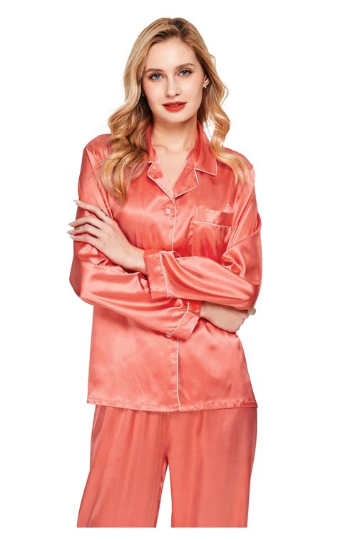Women S Silk Satin Pajama Set Long Sleeve Living Coral With White Pipi Tony And Candice