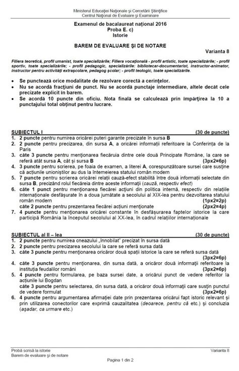 31 fiches de histoire géographie pour le niveau baccalauréat (terminale). Bacalaureat 2016. Proba la Istorie. Model de subiecte și barem
