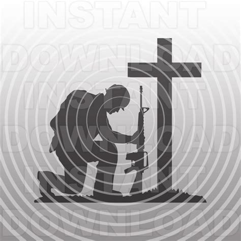 Soldier Kneeling Praying At Memorial Cross Svg File Vector Art