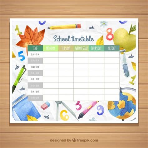 Download School Timetable Template With Watercolor Materials For Free