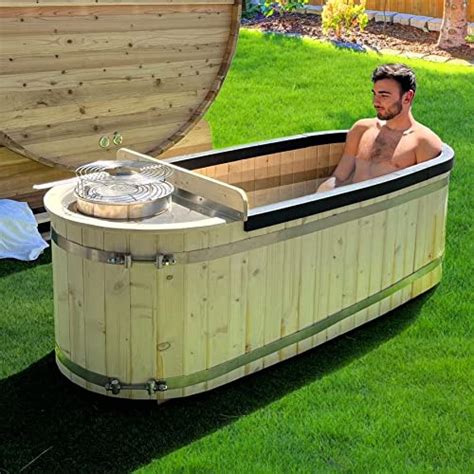 Aleko Natural Pine Hot Tub Cold Plunge Tub With Charcoal Stove 2 Person 132 Gallon Ez