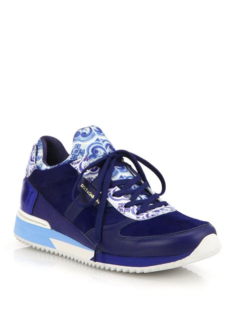 Lyst Dolce And Gabbana Tile Print Leather And Calf Hair Sneakers In Blue