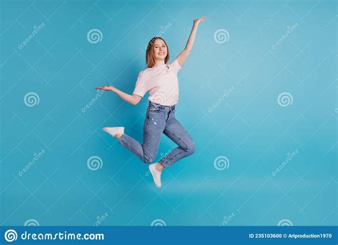 Photo Of Funny Sporty Lady Jump Have Carefree Fun Wear White T Shirt