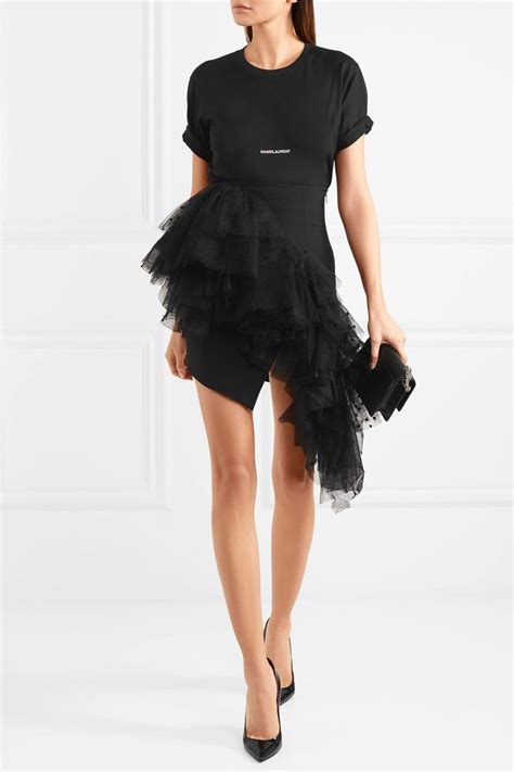 Black Ruffled Flocked Tulle And Wool Gabardine Mini Skirt Saint