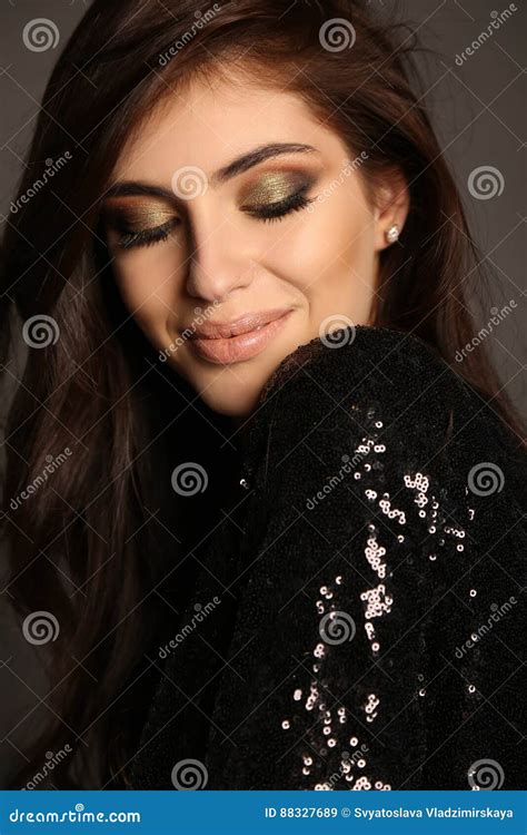 Gorgeous Woman With Long Dark Hair Posing In Studio Stock Image Image