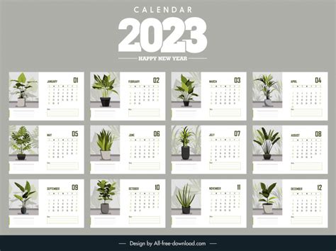 Calendar 2023 Template Green While Decor Houseplants Sketch Vectors