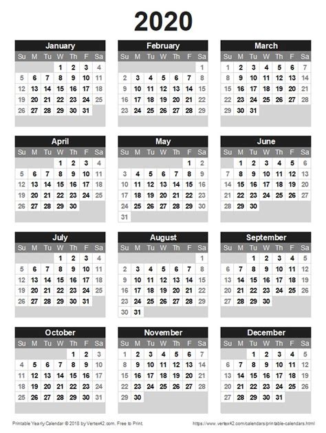 Vertex42 excel templates calendars calculators and spreadsheets from cdn.vertex42.com download a free printable calendar for 2021 or 2022, in a variety of different formats and colors.these free printable calendars are available as pdf files that you can print on your home, school, or office computer. Download a free Printable 2020 Yearly Calendar from Vertex42.com | Calendar printables ...