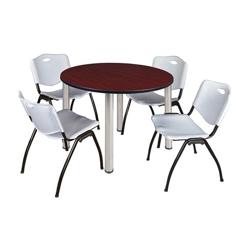 Kee 48 Round Breakroom Table Mahogany Chrome And 4 M Stack Chairs Grey