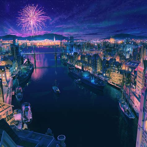 Anime City Night Fireworks Scenery 4k 182 Wallpaper