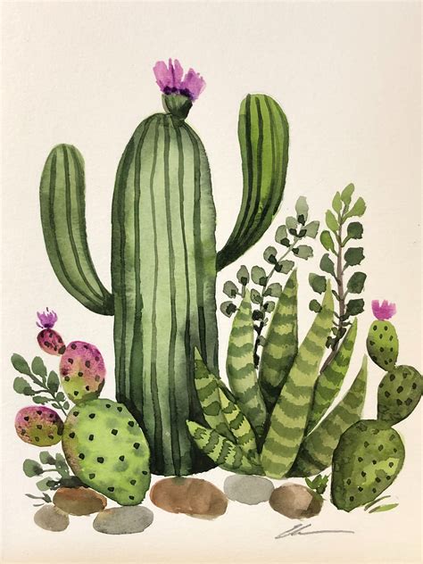 Cactus Garden Original Watercolor Painting Ellencrimitrent Cactus