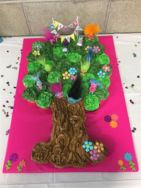 Trolls tree cupcake cake | Trolls birthday party, Trolls birthday, Trolls birthday cake