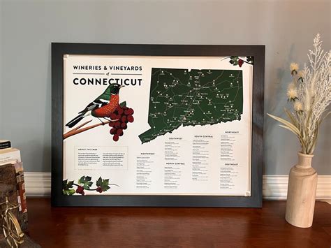 Connecticut Vineyards And Wineries Map Framed Etsy