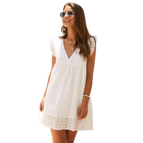 Simplee Elegant Embroidery Cotton Dress Women Lace White V Neck Ruffle