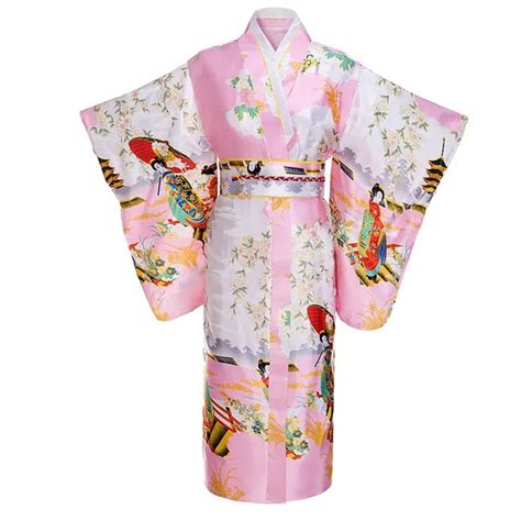 Pink Woman Lady Japanese Tradition Yukata Kimono With Obi Flower Vintage Evening Dress Cosplay