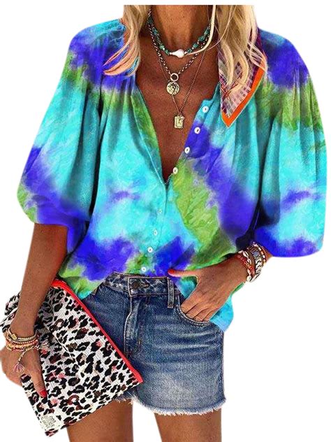 Women S Plus Size Tie Dye T Shirts Sleeve Blouse Casual Loose V