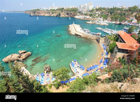 Turkey Antalya Beach And Tourists Along The Coast Of Kaleici Stock