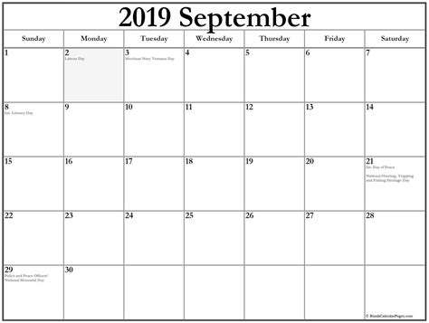 September 2019 Federal Holidays Calendar School Holiday Calendar