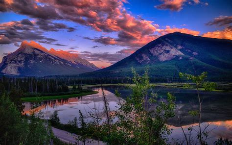 Download Wallpapers Vermillion Lakes Sunset Mountains Forest Lakes