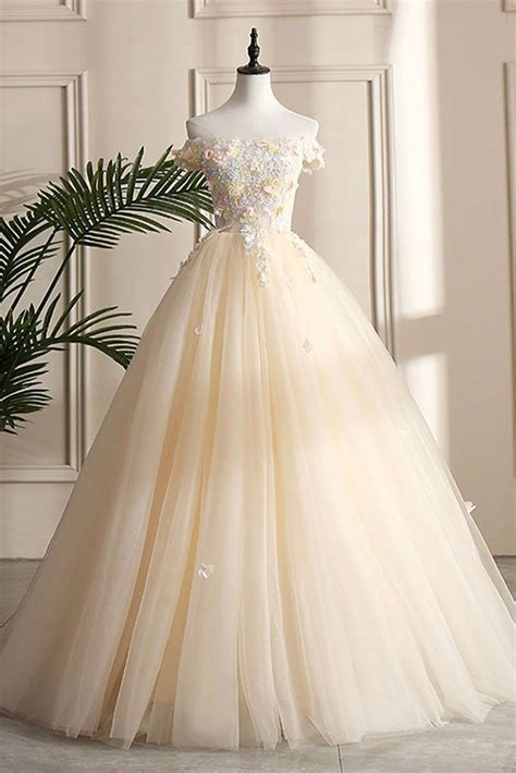 Champagne Tulle Lace Long Prom Dress Champagne Evening Dress Dresstby