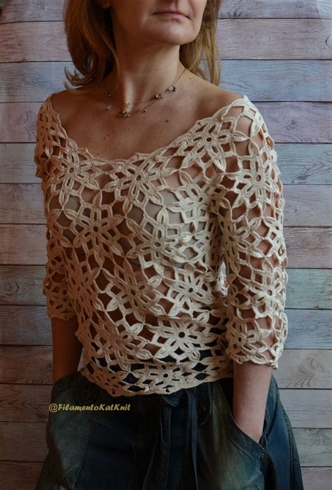 Pattern Crochet Lace Blouse Women 34 Sleeve Cold Shoulder Etsy