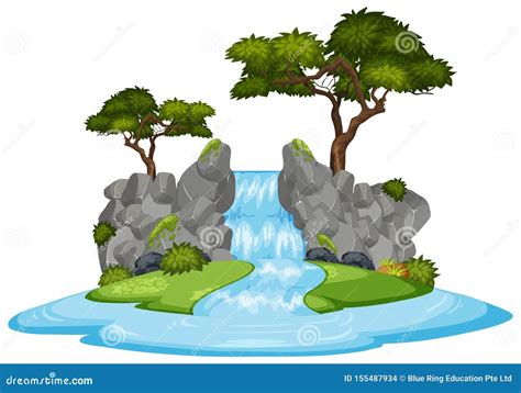Nature Landscape Of Waterfall With Green Trees Stock Vector