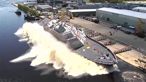 Us Navy Launches New Warship Sideways Into Water Uss Billings Christening And Launch Youtube