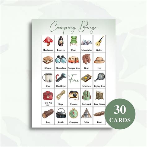 30 Printable Camping Bingo Cards Camping Themed Picture Etsy