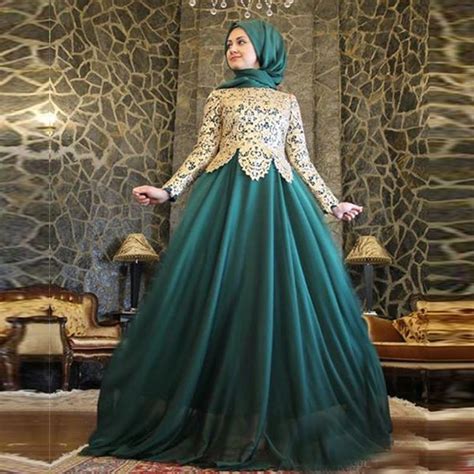 2015 Emerald Green Hijab Long Sleeve Evening Dresses Muslim Women High