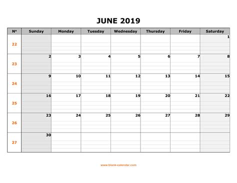 Free Download Printable June 2019 Calendar Large Box Grid Space For Notes