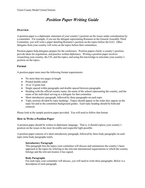 See the sample position paper on page 2 for an example. Model Un Position Paper Sample - sharedoc