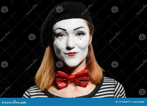 Cute Female Mime On Black Mime Actress Dressed In Striped T Shirt Stock Image Image Of