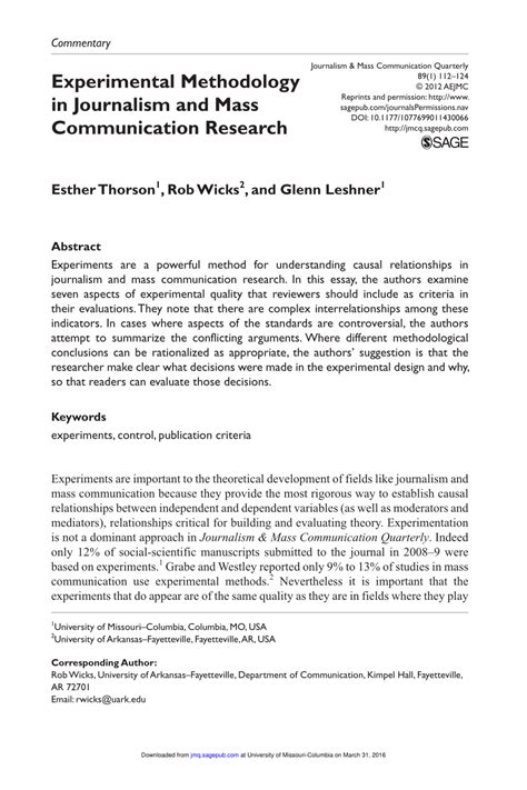 It comprises the theoretical analysis of the body of methods and principles associated with a branch of knowledge. (PDF) Experimental Methodology in Journalism and Mass ...