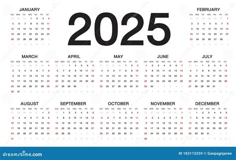 Calendar 2025 Week Starts From Sunday Stock Vector Illustration Of