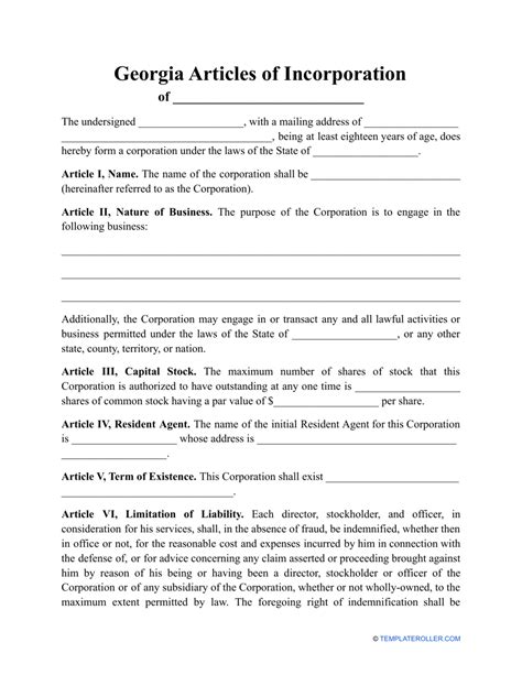 Georgia United States Articles Of Incorporation Template Fill Out