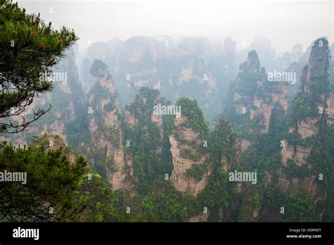 Misty Steep Mountain Peaks Zhangjiajie National Parkchina Stock
