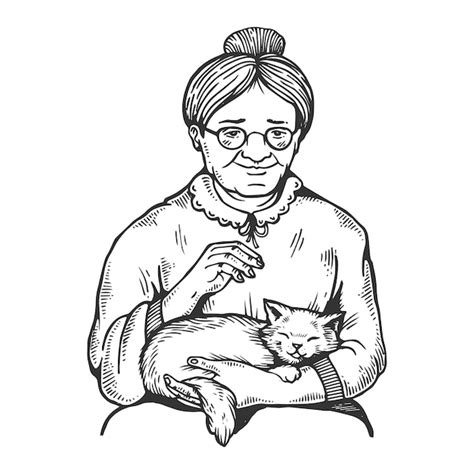 Premium Vector Old Woman And Cat Engraving Vector Illustration