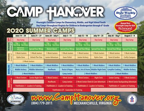 Camp Hanover 2020 Summer Calendar Large Camp Hanover
