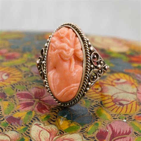 C1910 10k Handmade Coral Cameo Ring Pippin Vintage Jewelry