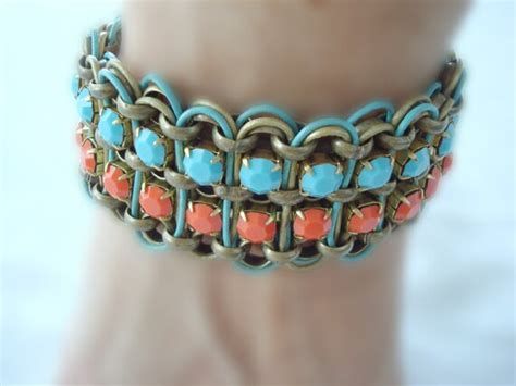 Items Similar To Genuine Turquoise And Coral Brass Bracelet With