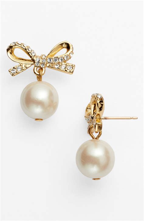 Kate Spade Skinny Mini Bow Drop Earrings In Beige Cream Pearl Crystal